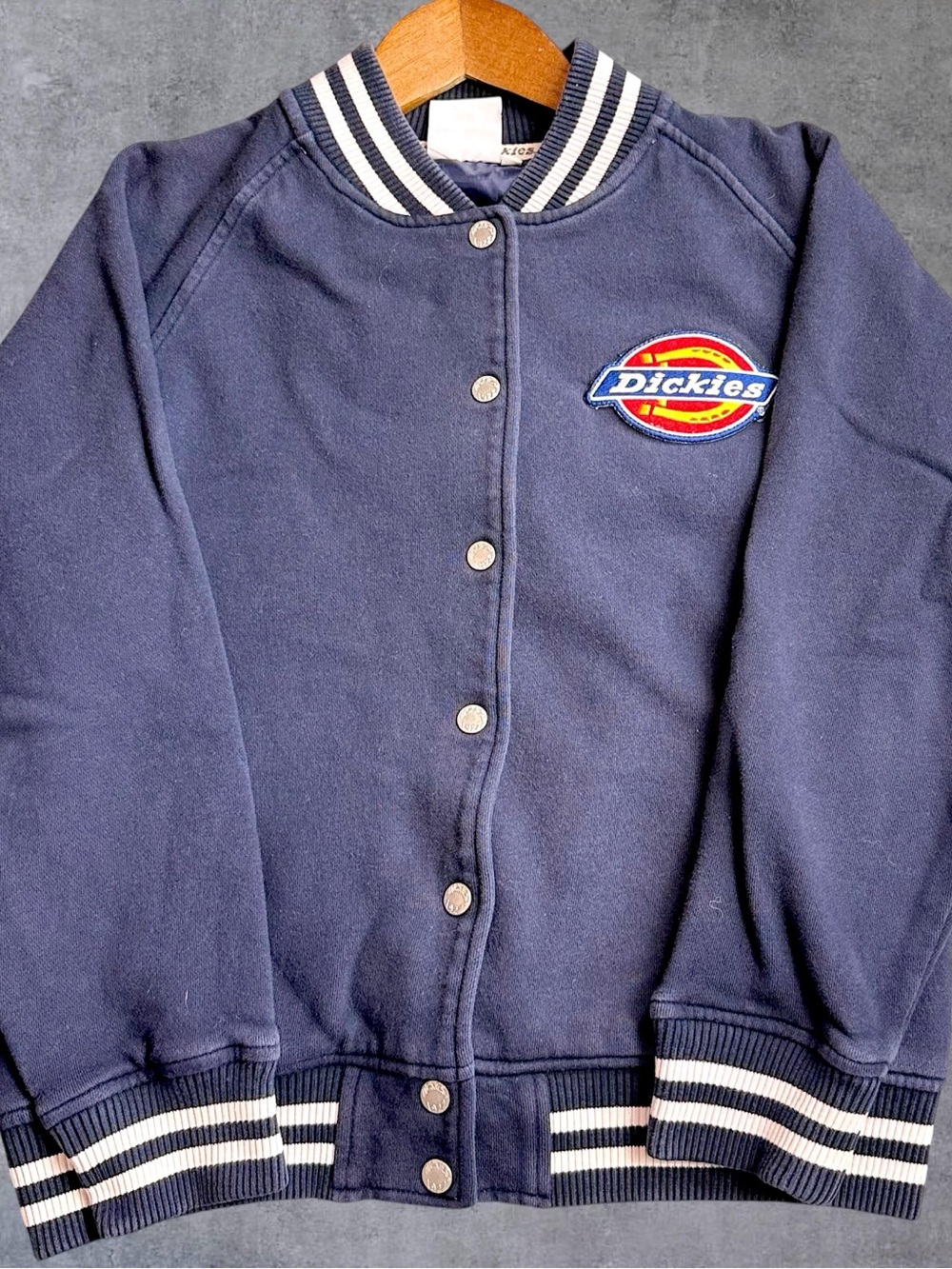 Dickies Womens XL Navy Varsity Jacket Japan Y2K Embroidered Logo Snap Bomber